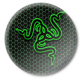 Значок с принтом RAZER ,  металл | круглая форма, металлическая застежка в виде булавки | game | razer | texture | зеленый | игровое лого | игромания | игры | рэйзер | текстуры