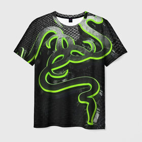 Мужская футболка 3D с принтом RAZER , 100% полиэфир | прямой крой, круглый вырез горловины, длина до линии бедер | Тематика изображения на принте: game | razer | texture | зеленый | игровое лого | игромания | игры | рэйзер | текстуры