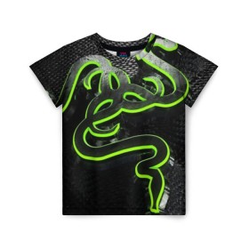 Детская футболка 3D с принтом RAZER , 100% гипоаллергенный полиэфир | прямой крой, круглый вырез горловины, длина до линии бедер, чуть спущенное плечо, ткань немного тянется | game | razer | texture | зеленый | игровое лого | игромания | игры | рэйзер | текстуры