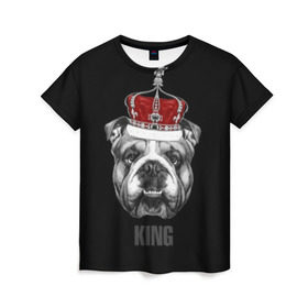 Женская футболка 3D с принтом Английский бульдог с короной , 100% полиэфир ( синтетическое хлопкоподобное полотно) | прямой крой, круглый вырез горловины, длина до линии бедер | animals | authority | breed | bulldog | cool | crown | dog | english | fighting | head | illustration | inscription | king | muzzle | supreme | swag | авторитет | английский | бойцовый | бульдог | верховный | голова | животные | иллюстрация | король | кор