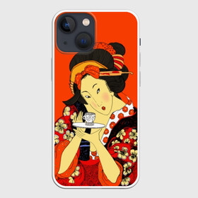 Чехол для iPhone 13 mini с принтом Японка ,  |  | Тематика изображения на принте: brunette | ceremony | culture | east | flowers | geisha | hairstyle | japan | japanese woman | kimono | makeup | tea | traditions | брюнетка | восток | кимоно | культура | макияж | прическа | традиции | цветы | церемония | чай | чайная | япония | 