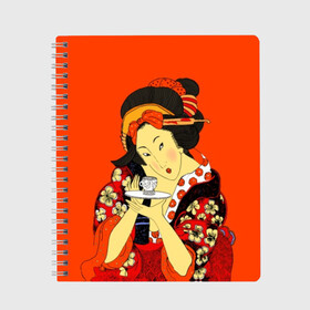 Тетрадь с принтом Японка , 100% бумага | 48 листов, плотность листов — 60 г/м2, плотность картонной обложки — 250 г/м2. Листы скреплены сбоку удобной пружинной спиралью. Уголки страниц и обложки скругленные. Цвет линий — светло-серый
 | brunette | ceremony | culture | east | flowers | geisha | hairstyle | japan | japanese woman | kimono | makeup | tea | traditions | брюнетка | восток | кимоно | культура | макияж | прическа | традиции | цветы | церемония | чай | чайная | япония | 