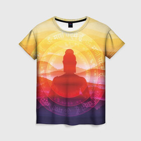 Женская футболка 3D с принтом Будда , 100% полиэфир ( синтетическое хлопкоподобное полотно) | прямой крой, круглый вырез горловины, длина до линии бедер | Тематика изображения на принте: buddha | calm | color | enlightenment | india | meditatio | mountains | nature | purple | red | religion | symbol | yellow | yoga | будда | горы | духовность | желтый | индия | йога | красный | медитация | природа | просветление | расслабление | религия |