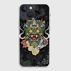 Чехол для iPhone 13 mini с принтом Дракон ,  |  | Тематика изображения на принте: character | dragon | east | eyes | fangs | horns | japan | japanese | legend | mask | mythological | pattern | yellow | восток | глаза | дракон | желтые | клыки | легенда | маска | мифологический | персонаж | рога | узор | япония | японский