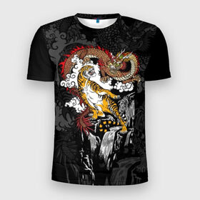 Мужская футболка 3D спортивная с принтом Тигр и дракон , 100% полиэстер с улучшенными характеристиками | приталенный силуэт, круглая горловина, широкие плечи, сужается к линии бедра | Тематика изображения на принте: animals | clouds | country | dragon | east | fangs | japanese | mythical | nature | predator | rising | sun | tiger | восток | восходящего | дракон | животные | клыки | мифический | облака | природа | солнца | страна | тигр | хищник | японский