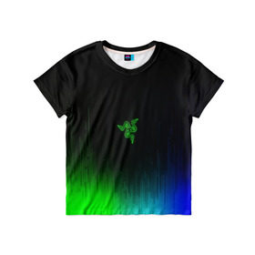 Детская футболка 3D с принтом RAZER NEON , 100% гипоаллергенный полиэфир | прямой крой, круглый вырез горловины, длина до линии бедер, чуть спущенное плечо, ткань немного тянется | game | razer | texture | зеленый | игровое лого | игромания | игры | рэйзер | текстуры