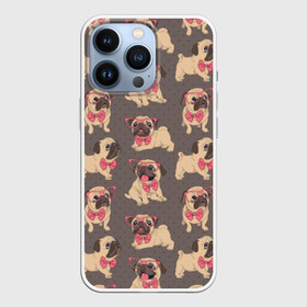 Чехол для iPhone 13 Pro с принтом Мопсы ,  |  | animals | bow tie | breed | different | dogs | illustration | painting | pink | poses | pugs | puppies | галстук бабочка | живопись | животные | иллюстрация | мопсы | очки | позы | порода | разные | розовые | собаки | щенки