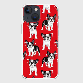 Чехол для iPhone 13 mini с принтом Французские бульдоги ,  |  | animals | background | breed | bulldogs | dogs | french | illustration | painting | puppies | red | бульдоги | живопись | животные | иллюстрация | красный | очки | порода | собаки | фон | французские | щенки