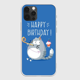 Чехол для iPhone 12 Pro с принтом Happy birthday! , силикон | область печати: задняя сторона чехла, без боковых панелей | berry | birthday | cake | cap | cat | cherry | gray | holds | holiday | inscription | party | sits | striped | sweetness | вечеринка | вишня | день рождения | держит | колпак | кот | надпись | пирожное | полосатый | праздник | серый | сидит | сладость | я