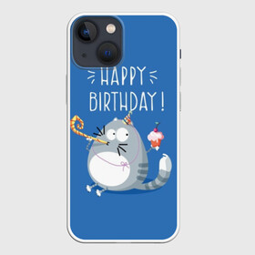 Чехол для iPhone 13 mini с принтом Happy birthday ,  |  | berry | birthday | cake | cap | cat | cherry | gray | holds | holiday | inscription | party | sits | striped | sweetness | вечеринка | вишня | день рождения | держит | колпак | кот | надпись | пирожное | полосатый | праздник | серый | сидит | сладость | я