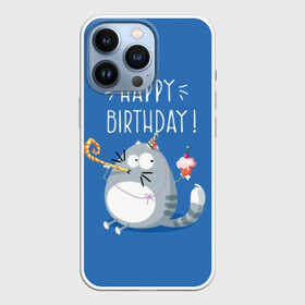 Чехол для iPhone 13 Pro с принтом Happy birthday ,  |  | berry | birthday | cake | cap | cat | cherry | gray | holds | holiday | inscription | party | sits | striped | sweetness | вечеринка | вишня | день рождения | держит | колпак | кот | надпись | пирожное | полосатый | праздник | серый | сидит | сладость | я