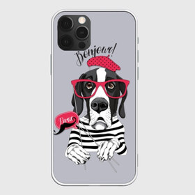 Чехол для iPhone 12 Pro Max с принтом Привет! , Силикон |  | animal | beret | breed | dog | france | german | illustration | inscription | mustache | paris | vest | берет | дог | животное | иллюстрация | надпись | немецкий | очки | париж | порода | собака | тельняшка | усы | франция