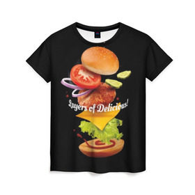 Женская футболка 3D с принтом Гамбургер , 100% полиэфир ( синтетическое хлопкоподобное полотно) | прямой крой, круглый вырез горловины, длина до линии бедер | bun | cheese | cucumber | explosion | hamburger | ingredients | inscription | ketchup | meat | onion | salad | sesame | share | tomato | tomatoes | булочка | взрыв | гамбургер | доля | ингредиенты | кетчуп | кунжут | лук | мясо | надпись | огурец | помидо