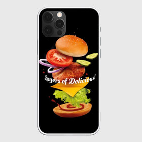Чехол для iPhone 12 Pro Max с принтом Гамбургер , Силикон |  | Тематика изображения на принте: bun | cheese | cucumber | explosion | hamburger | ingredients | inscription | ketchup | meat | onion | salad | sesame | share | tomato | tomatoes | булочка | взрыв | гамбургер | доля | ингредиенты | кетчуп | кунжут | лук | мясо | надпись | огурец | помидо