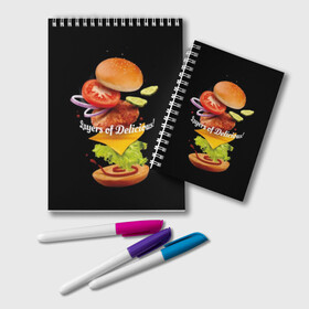 Блокнот с принтом Гамбургер , 100% бумага | 48 листов, плотность листов — 60 г/м2, плотность картонной обложки — 250 г/м2. Листы скреплены удобной пружинной спиралью. Цвет линий — светло-серый
 | Тематика изображения на принте: bun | cheese | cucumber | explosion | hamburger | ingredients | inscription | ketchup | meat | onion | salad | sesame | share | tomato | tomatoes | булочка | взрыв | гамбургер | доля | ингредиенты | кетчуп | кунжут | лук | мясо | надпись | огурец | помидо