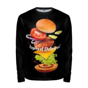 Мужской лонгслив 3D с принтом Гамбургер , 100% полиэстер | длинные рукава, круглый вырез горловины, полуприлегающий силуэт | bun | cheese | cucumber | explosion | hamburger | ingredients | inscription | ketchup | meat | onion | salad | sesame | share | tomato | tomatoes | булочка | взрыв | гамбургер | доля | ингредиенты | кетчуп | кунжут | лук | мясо | надпись | огурец | помидо