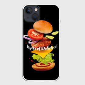 Чехол для iPhone 13 с принтом Гамбургер ,  |  | Тематика изображения на принте: bun | cheese | cucumber | explosion | hamburger | ingredients | inscription | ketchup | meat | onion | salad | sesame | share | tomato | tomatoes | булочка | взрыв | гамбургер | доля | ингредиенты | кетчуп | кунжут | лук | мясо | надпись | огурец | помидо