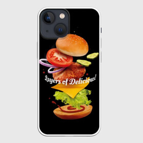 Чехол для iPhone 13 mini с принтом Гамбургер ,  |  | Тематика изображения на принте: bun | cheese | cucumber | explosion | hamburger | ingredients | inscription | ketchup | meat | onion | salad | sesame | share | tomato | tomatoes | булочка | взрыв | гамбургер | доля | ингредиенты | кетчуп | кунжут | лук | мясо | надпись | огурец | помидо