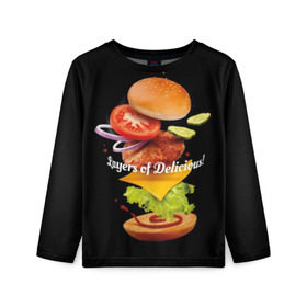 Детский лонгслив 3D с принтом Гамбургер , 100% полиэстер | длинные рукава, круглый вырез горловины, полуприлегающий силуэт
 | Тематика изображения на принте: bun | cheese | cucumber | explosion | hamburger | ingredients | inscription | ketchup | meat | onion | salad | sesame | share | tomato | tomatoes | булочка | взрыв | гамбургер | доля | ингредиенты | кетчуп | кунжут | лук | мясо | надпись | огурец | помидо