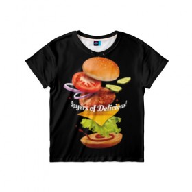 Детская футболка 3D с принтом Гамбургер , 100% гипоаллергенный полиэфир | прямой крой, круглый вырез горловины, длина до линии бедер, чуть спущенное плечо, ткань немного тянется | bun | cheese | cucumber | explosion | hamburger | ingredients | inscription | ketchup | meat | onion | salad | sesame | share | tomato | tomatoes | булочка | взрыв | гамбургер | доля | ингредиенты | кетчуп | кунжут | лук | мясо | надпись | огурец | помидо