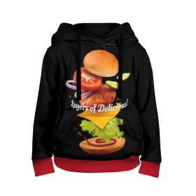 Детская толстовка 3D с принтом Гамбургер , 100% полиэстер | двухслойный капюшон со шнурком для регулировки, мягкие манжеты на рукавах и по низу толстовки, спереди карман-кенгуру с мягким внутренним слоем | bun | cheese | cucumber | explosion | hamburger | ingredients | inscription | ketchup | meat | onion | salad | sesame | share | tomato | tomatoes | булочка | взрыв | гамбургер | доля | ингредиенты | кетчуп | кунжут | лук | мясо | надпись | огурец | помидо