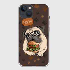 Чехол для iPhone 13 с принтом lets try ,  |  | animal | breed | dog | food | funny | hamburger | illustration | inscription | meat | pug | puppy | sandwich | small | tomato | tomatoe | try | булочка | бутерброд | гамбургер | давай | еда | животное | иллюстрация | кушает | маленький | мопс | мясо | над