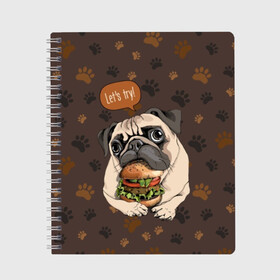 Тетрадь с принтом lets try , 100% бумага | 48 листов, плотность листов — 60 г/м2, плотность картонной обложки — 250 г/м2. Листы скреплены сбоку удобной пружинной спиралью. Уголки страниц и обложки скругленные. Цвет линий — светло-серый
 | Тематика изображения на принте: animal | breed | dog | food | funny | hamburger | illustration | inscription | meat | pug | puppy | sandwich | small | tomato | tomatoe | try | булочка | бутерброд | гамбургер | давай | еда | животное | иллюстрация | кушает | маленький | мопс | мясо | над