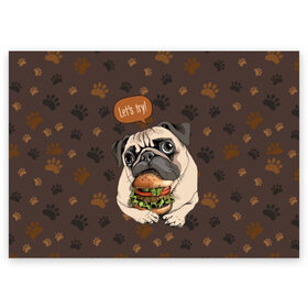 Поздравительная открытка с принтом lets try , 100% бумага | плотность бумаги 280 г/м2, матовая, на обратной стороне линовка и место для марки
 | animal | breed | dog | food | funny | hamburger | illustration | inscription | meat | pug | puppy | sandwich | small | tomato | tomatoe | try | булочка | бутерброд | гамбургер | давай | еда | животное | иллюстрация | кушает | маленький | мопс | мясо | над
