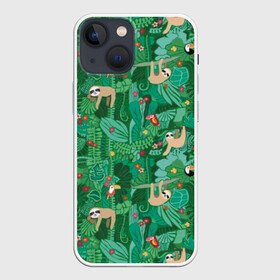 Чехол для iPhone 13 mini с принтом Ленивцы ,  |  | animal | birds | branches | cute | flowers | forest | hang | jungle | sloths | toucans | trees | tropical | ветки | висят | деревья | джунгли | животное | ленивцы | лес | милые | птицы | тропический | туканы | цветы