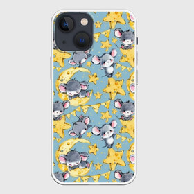 Чехол для iPhone 13 mini с принтом Сыр и мыши ,  |  | animals | blue | cheese | cute mice | flags | garlands | mice | month | rodents | sky | stars | гирлянды | голубое | грызуны | животные | звезды | месяц | милые | мышата | мыши | небо | сыр | флажки