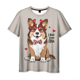 Мужская футболка 3D с принтом I need your love , 100% полиэфир | прямой крой, круглый вырез горловины, длина до линии бедер | animal | bow tie | breed | corgi | cute | dog | funny | hearts | holiday | pembroke | polka dot | red | saint | valentine | валентина | вельш корги | галстук бабочка | горошек | день | животное | красный | любовь | милая | очки | пемброк | пород