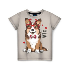 Детская футболка 3D с принтом I need your love , 100% гипоаллергенный полиэфир | прямой крой, круглый вырез горловины, длина до линии бедер, чуть спущенное плечо, ткань немного тянется | animal | bow tie | breed | corgi | cute | dog | funny | hearts | holiday | pembroke | polka dot | red | saint | valentine | валентина | вельш корги | галстук бабочка | горошек | день | животное | красный | любовь | милая | очки | пемброк | пород