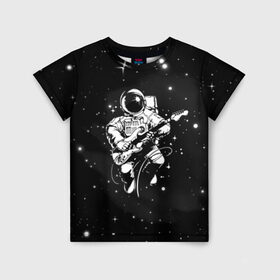 Детская футболка 3D с принтом Cosmorock , 100% гипоаллергенный полиэфир | прямой крой, круглый вырез горловины, длина до линии бедер, чуть спущенное плечо, ткань немного тянется | cosmonaut | cosmos | guitar | music | rock | space | spacesuit | star | гитара | звезда | космонавт | космос | музыка | скафандр