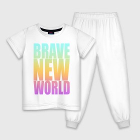 Детская пижама хлопок с принтом Brave New World , 100% хлопок |  брюки и футболка прямого кроя, без карманов, на брюках мягкая резинка на поясе и по низу штанин
 | антиутопия | дивный | желтый | книга | мир | надпись | новый | олдос | рассвет | розовый | хаксли | цитата