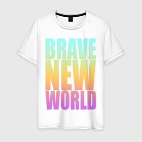 Мужская футболка хлопок с принтом Brave New World , 100% хлопок | прямой крой, круглый вырез горловины, длина до линии бедер, слегка спущенное плечо. | антиутопия | дивный | желтый | книга | мир | надпись | новый | олдос | рассвет | розовый | хаксли | цитата