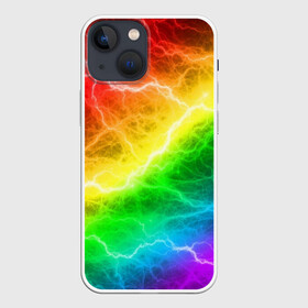 Чехол для iPhone 13 mini с принтом RAINBOW THUNDER | РАДУЖНЫЕ МОЛНИИ ,  |  | battle | battle fire | battle thunder | blue | fire | rainbow | red | texture | thunder | битва | битва молний | битва огней | гроза | молнии | радуга | текстура