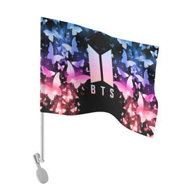 Флаг для автомобиля с принтом BTS BUTTERFLIES , 100% полиэстер | Размер: 30*21 см | Тематика изображения на принте: bangtan boys | bt21 | bts | bts army | bts stickers | butterflies | j hope | jimin | jin | jungkook | k pop | rap monster | rapmon | suga | v | бабочки | бтс | корея | стикеры bts