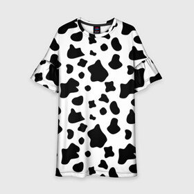 Детское платье 3D с принтом Корова , 100% полиэстер | прямой силуэт, чуть расширенный к низу. Круглая горловина, на рукавах — воланы | Тематика изображения на принте: animal | black white | cow | pattern | животное | кавай | корова | паттерн | пятна | черно белое