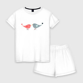Женская пижама с шортиками хлопок с принтом Птички , 100% хлопок | футболка прямого кроя, шорты свободные с широкой мягкой резинкой | любовь | милые | милый | отношения | прикольные | птицы | птички | сердечки