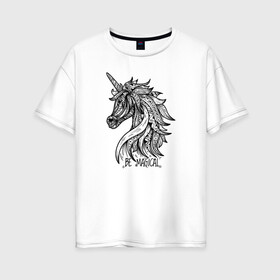 Женская футболка хлопок Oversize с принтом Единорог Мандала , 100% хлопок | свободный крой, круглый ворот, спущенный рукав, длина до линии бедер
 | mandala | unicorn | абстракция | единорог | надпись