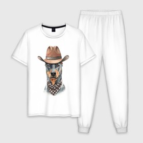 Мужская пижама хлопок с принтом Доберман , 100% хлопок | брюки и футболка прямого кроя, без карманов, на брюках мягкая резинка на поясе и по низу штанин
 | dobermann | dog | доберман | собака | собаки
