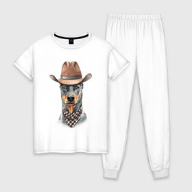 Женская пижама хлопок с принтом Доберман , 100% хлопок | брюки и футболка прямого кроя, без карманов, на брюках мягкая резинка на поясе и по низу штанин | dobermann | dog | доберман | собака | собаки