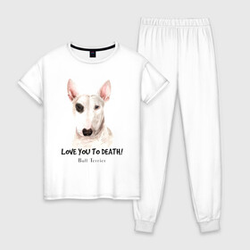 Женская пижама хлопок с принтом Бультерьер , 100% хлопок | брюки и футболка прямого кроя, без карманов, на брюках мягкая резинка на поясе и по низу штанин | bull terrier | dog | бультерьер | надпись надписи | собака | собаки