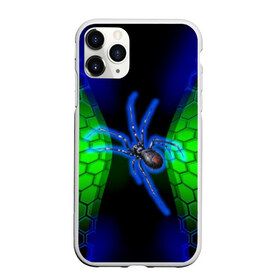 Чехол для iPhone 11 Pro Max матовый с принтом Паук на ночной охоте , Силикон |  | зеленая броня | зеленый неон | классный дизайн | ночь | паук | паук дизайн | паук на охоте | паук охотник | пчелиные | соты | темная футболка | футболка с пауком | черные соты