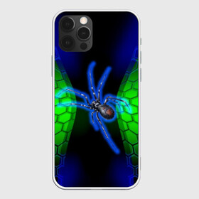 Чехол для iPhone 12 Pro с принтом Паук на ночной охоте , силикон | область печати: задняя сторона чехла, без боковых панелей | зеленая броня | зеленый неон | классный дизайн | ночь | паук | паук дизайн | паук на охоте | паук охотник | пчелиные | соты | темная футболка | футболка с пауком | черные соты