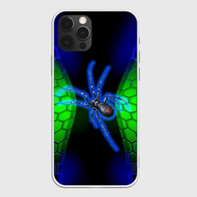 Чехол для iPhone 12 Pro Max с принтом Паук на ночной охоте , Силикон |  | зеленая броня | зеленый неон | классный дизайн | ночь | паук | паук дизайн | паук на охоте | паук охотник | пчелиные | соты | темная футболка | футболка с пауком | черные соты