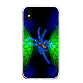 Чехол для iPhone XS Max матовый с принтом Паук на ночной охоте , Силикон | Область печати: задняя сторона чехла, без боковых панелей | Тематика изображения на принте: зеленая броня | зеленый неон | классный дизайн | ночь | паук | паук дизайн | паук на охоте | паук охотник | пчелиные | соты | темная футболка | футболка с пауком | черные соты