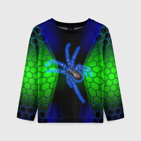 Детский лонгслив 3D с принтом Паук на ночной охоте , 100% полиэстер | длинные рукава, круглый вырез горловины, полуприлегающий силуэт
 | Тематика изображения на принте: зеленая броня | зеленый неон | классный дизайн | ночь | паук | паук дизайн | паук на охоте | паук охотник | пчелиные | соты | темная футболка | футболка с пауком | черные соты