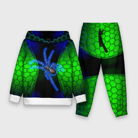 Детский костюм 3D (с толстовкой) с принтом Паук на ночной охоте ,  |  | зеленая броня | зеленый неон | классный дизайн | ночь | паук | паук дизайн | паук на охоте | паук охотник | пчелиные | соты | темная футболка | футболка с пауком | черные соты