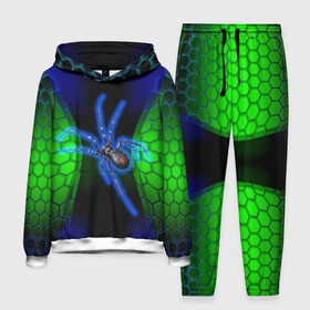 Мужской костюм 3D (с толстовкой) с принтом Паук на ночной охоте ,  |  | зеленая броня | зеленый неон | классный дизайн | ночь | паук | паук дизайн | паук на охоте | паук охотник | пчелиные | соты | темная футболка | футболка с пауком | черные соты